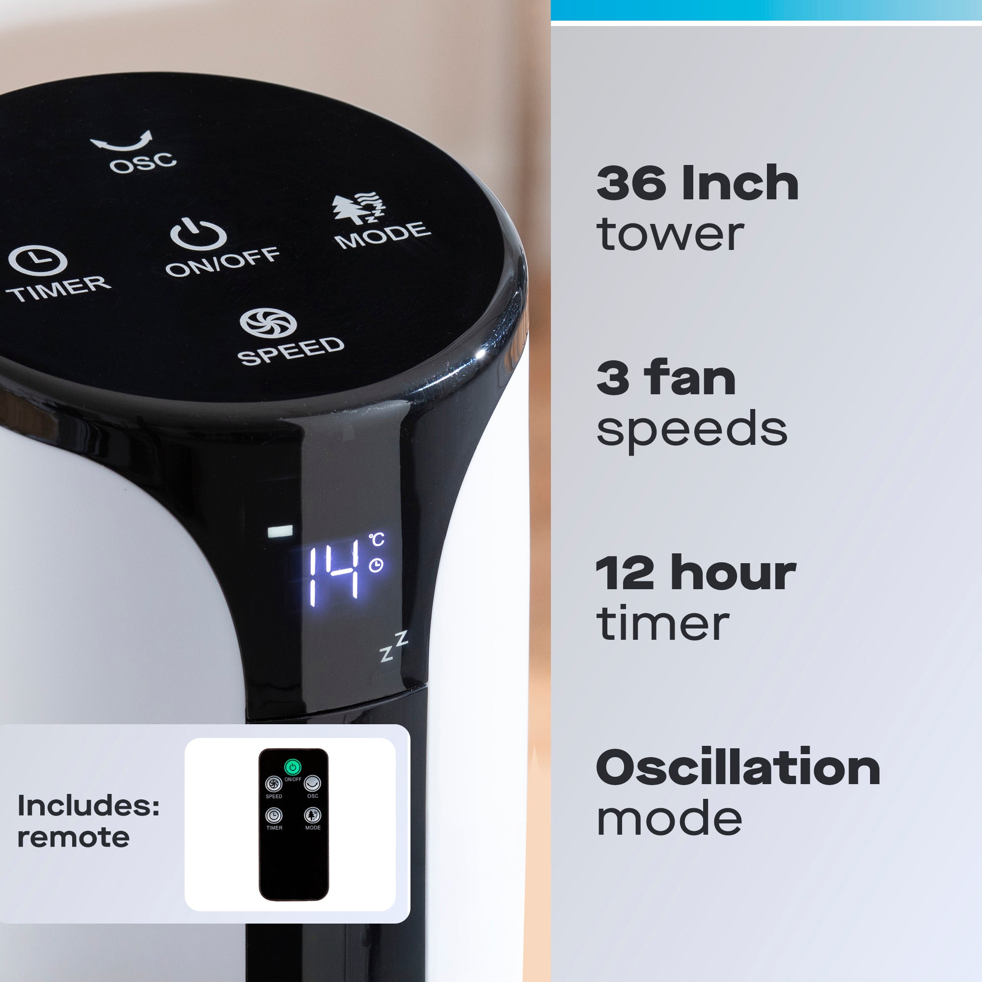 Daewoo 36" Slimline Oscillating Tower Fan with Remote Control