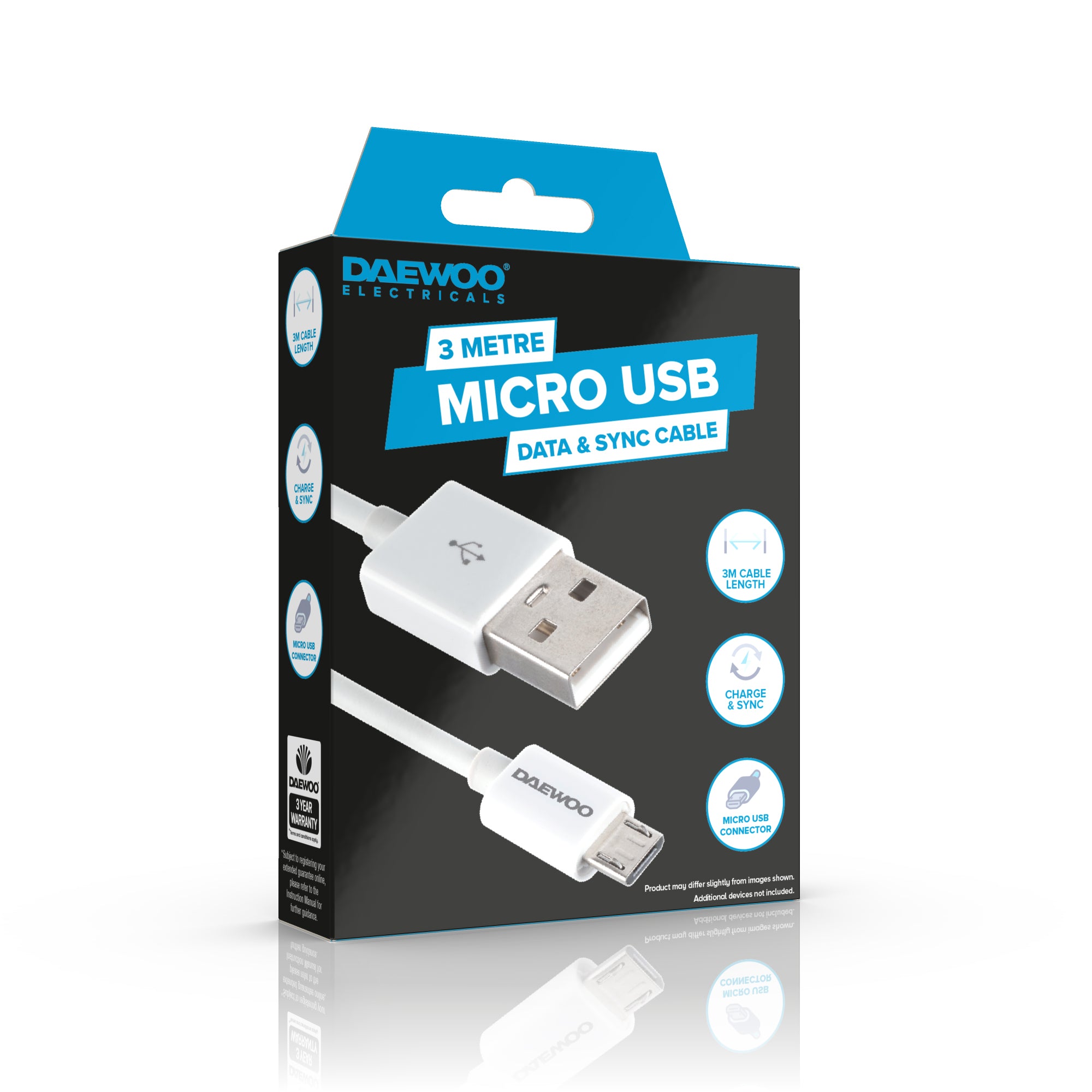 Daewoo 3 Metre USB-A To Micro USB Charge Cable