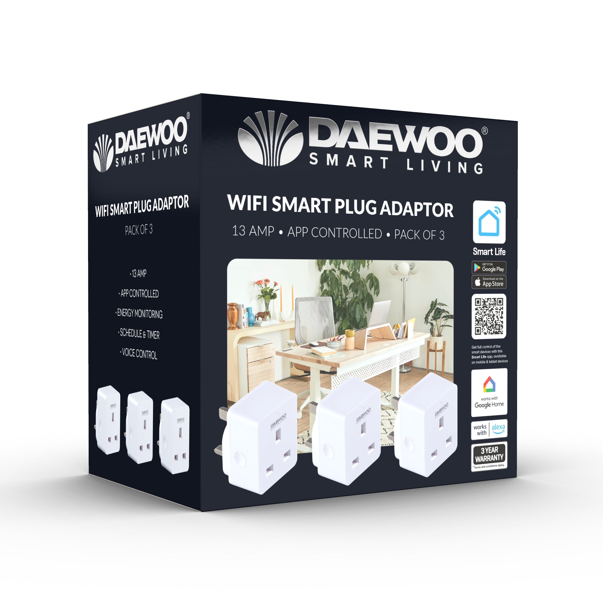 Daewoo WiFi 13Amp Smart Plug Socket Adaptor, Pack of 3