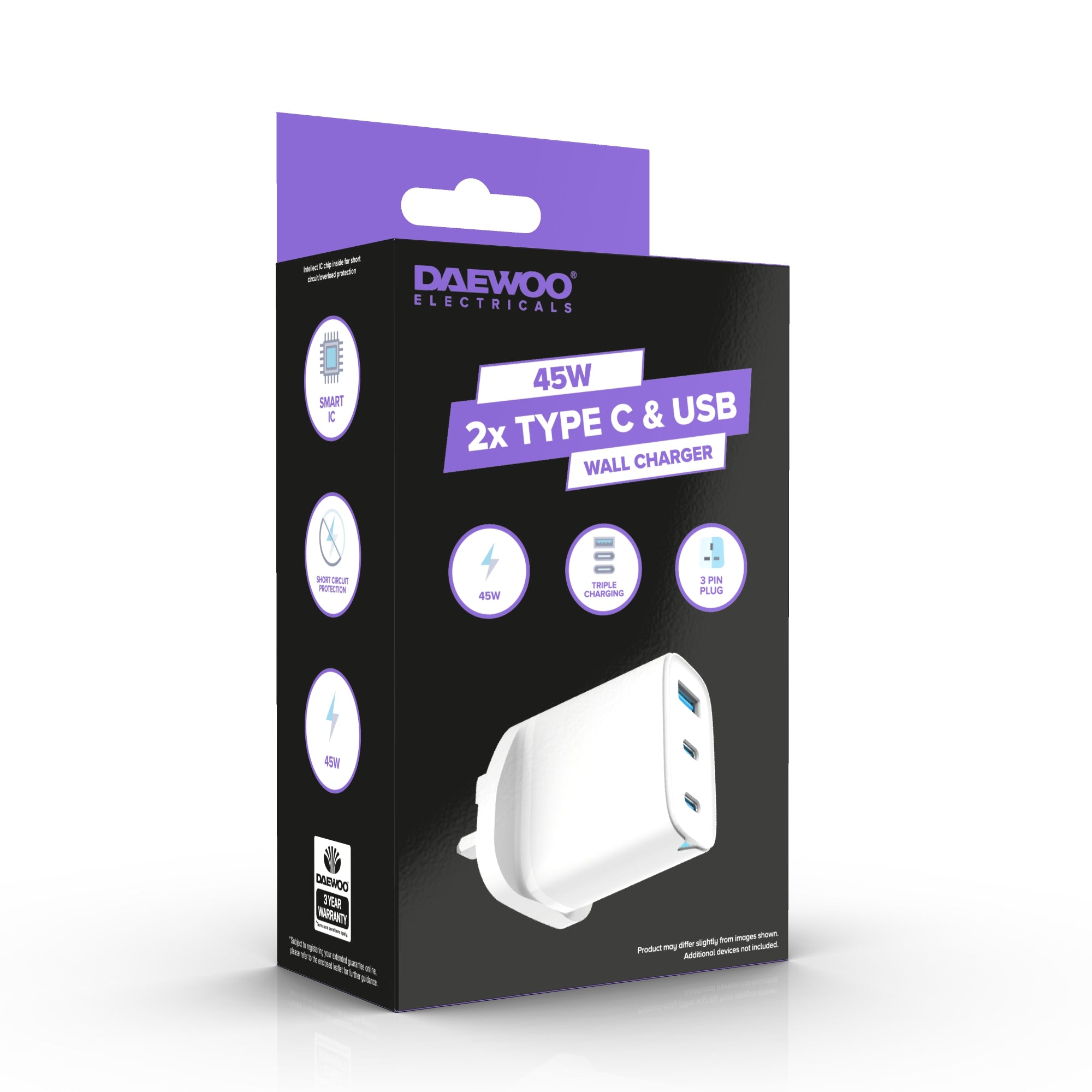 Daewoo 45W 2x USB-C & USB-A White Wall Charger Plug Socket Adaptor