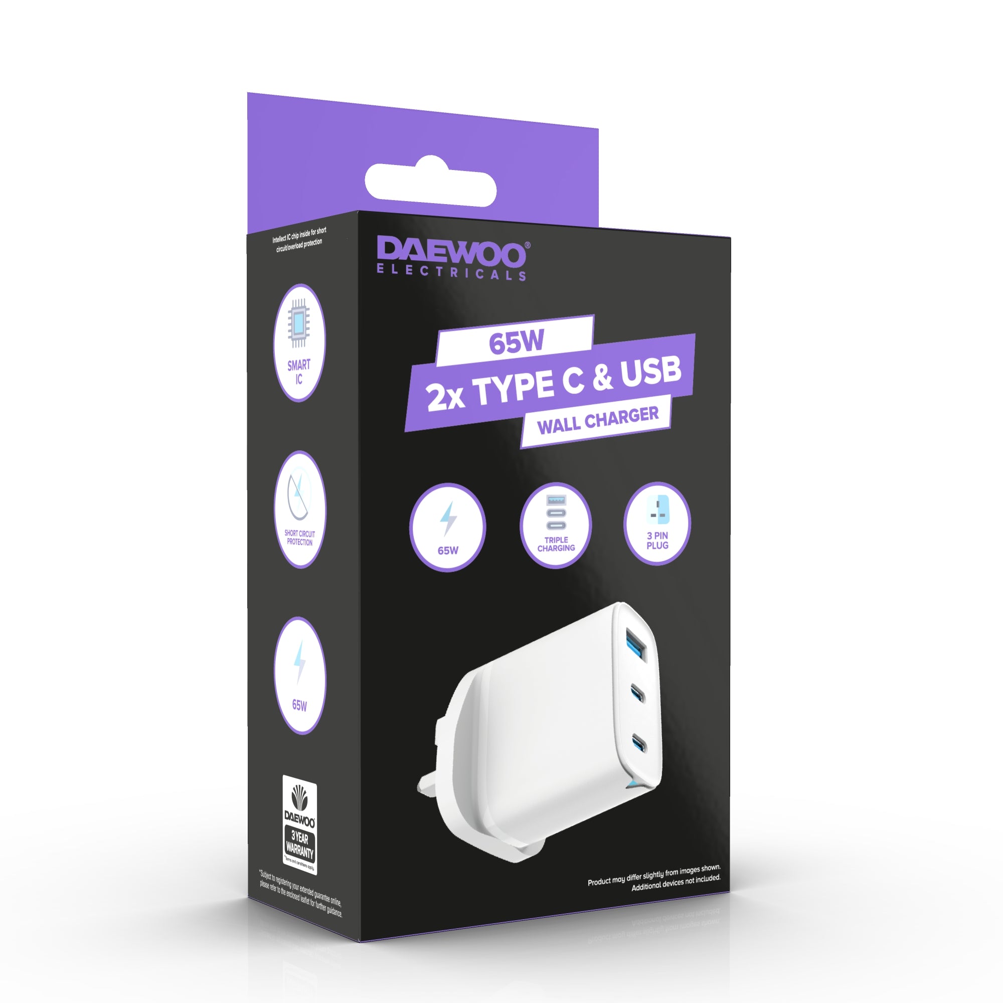Daewoo 65W 2x USB-C & USB-A White Wall Charger Plug Socket Adaptor