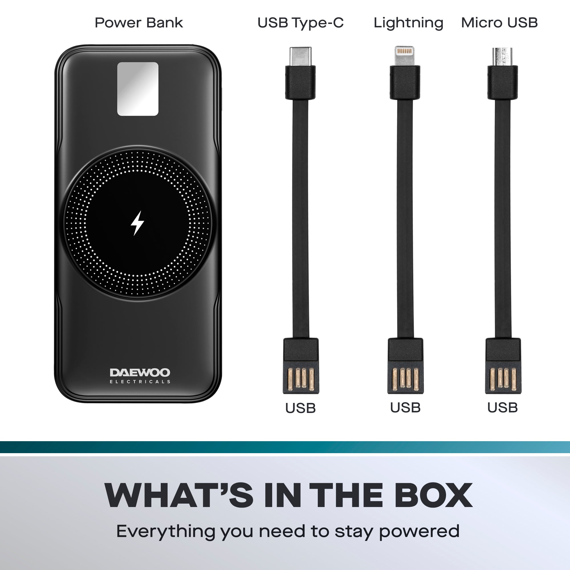 Daewoo 10000mAh Portable Power Bank with Built-in Cables