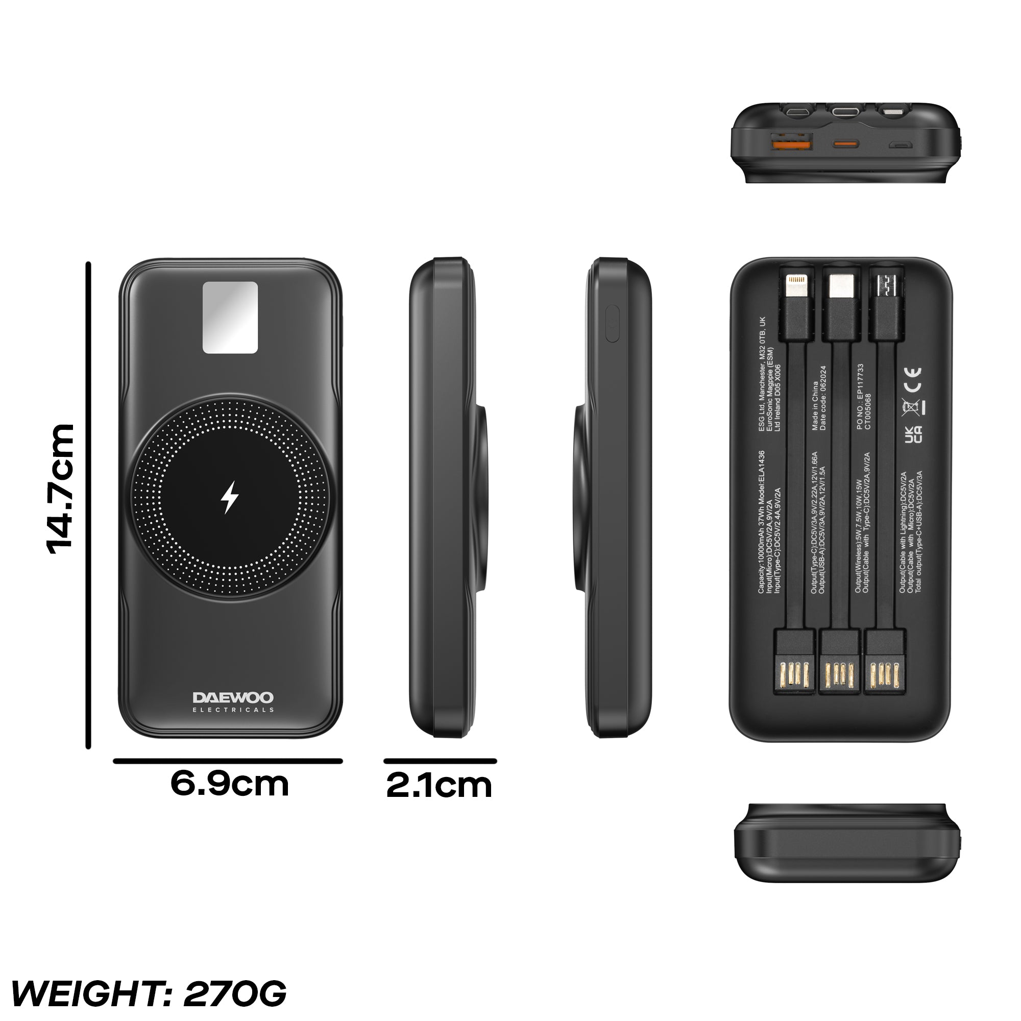 Daewoo 10000mAh Portable Power Bank with Built-in Cables