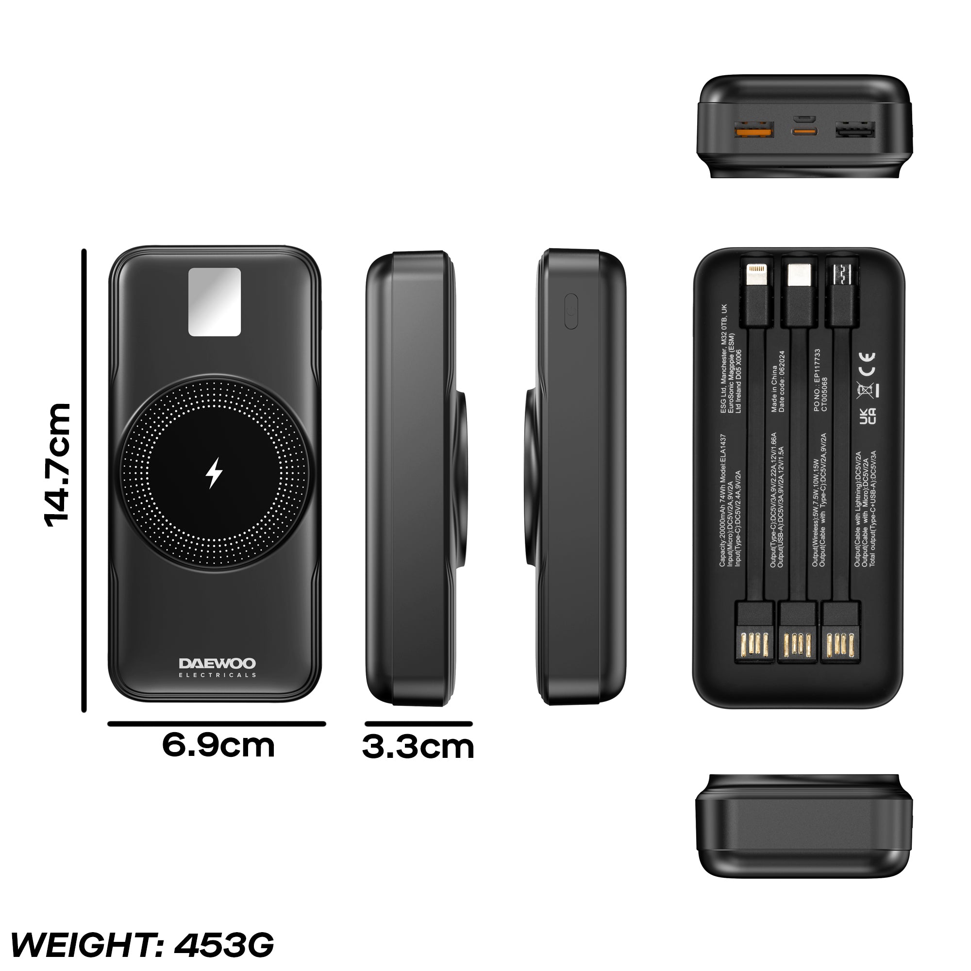 Daewoo 20000mAh Portable Power Bank with Built-in Cables