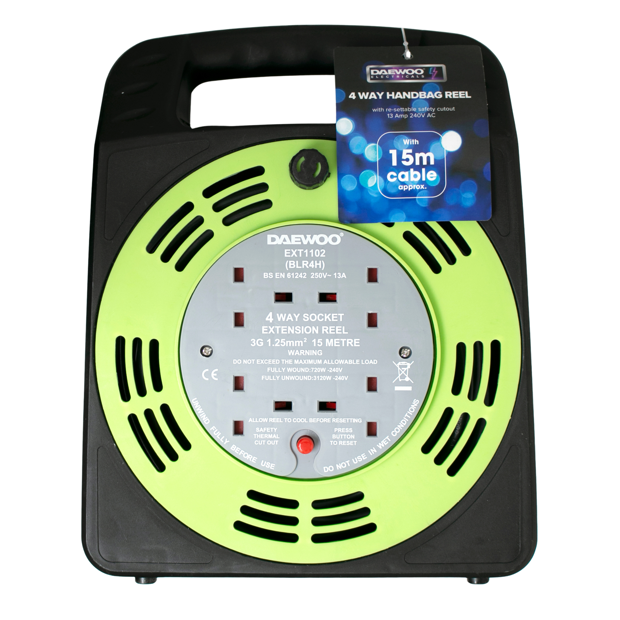 Daewoo 4-Way 15m Handbag Extension Reel