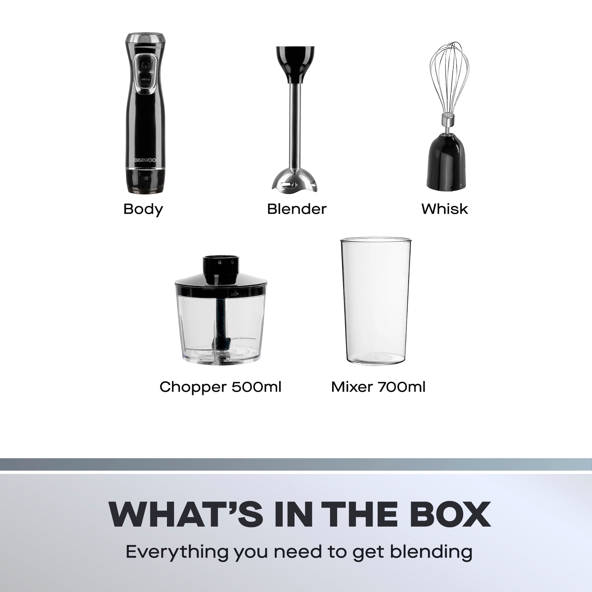 Daewoo 600W 3-in-1 Hand Blender Set With Whisk, Chopper & Jug