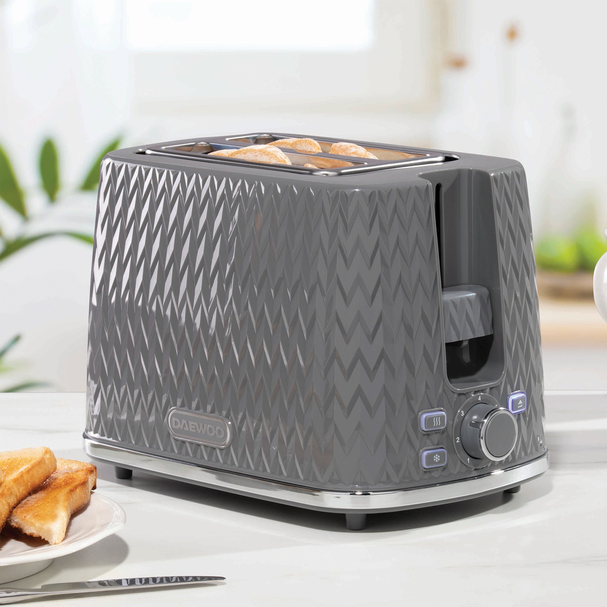 Daewoo Grey Argyle Kettle, 2 Slice Toaster & Microwave Set