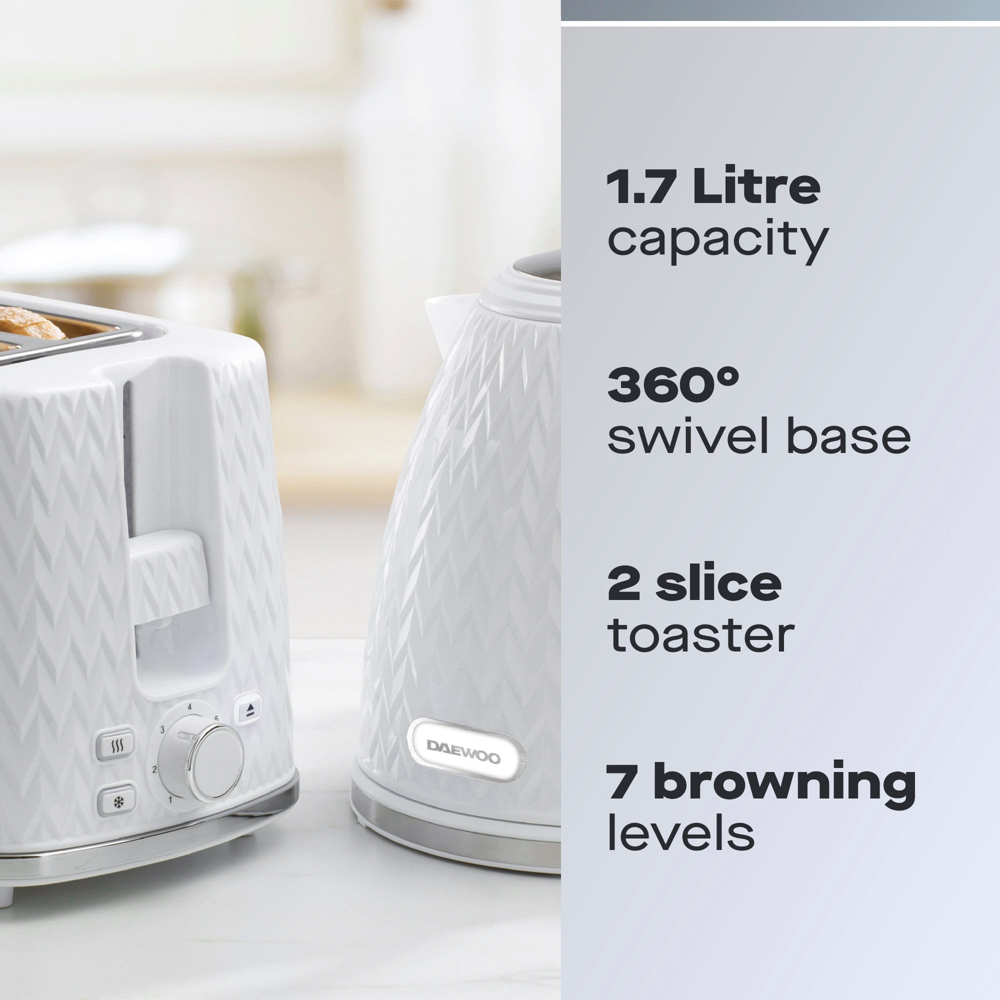 Daewoo White Argyle Kettle & 2 Slice Toaster Set