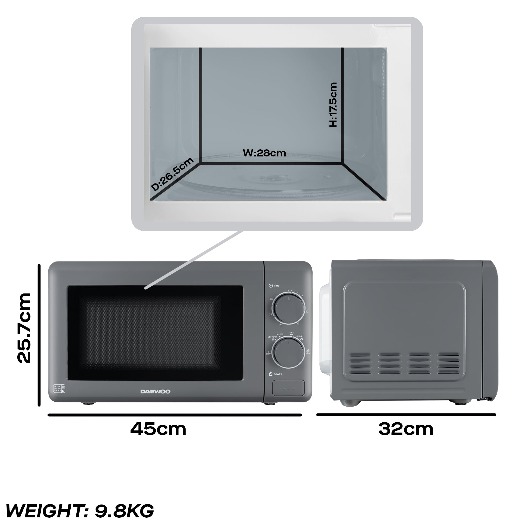 Daewoo 20L Grey Manual 800W Microwave