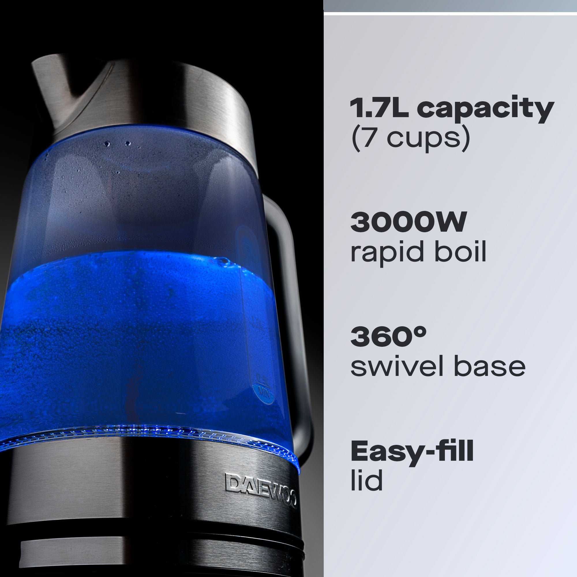 Daewoo Easy Fill LED Illuminating 1.7L Glass Kettle