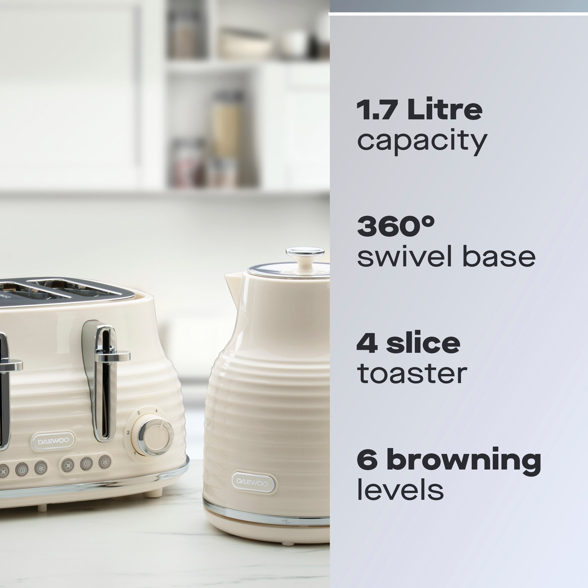 Daewoo Cream Sienna Jug Kettle & 4 Slice Toaster Set