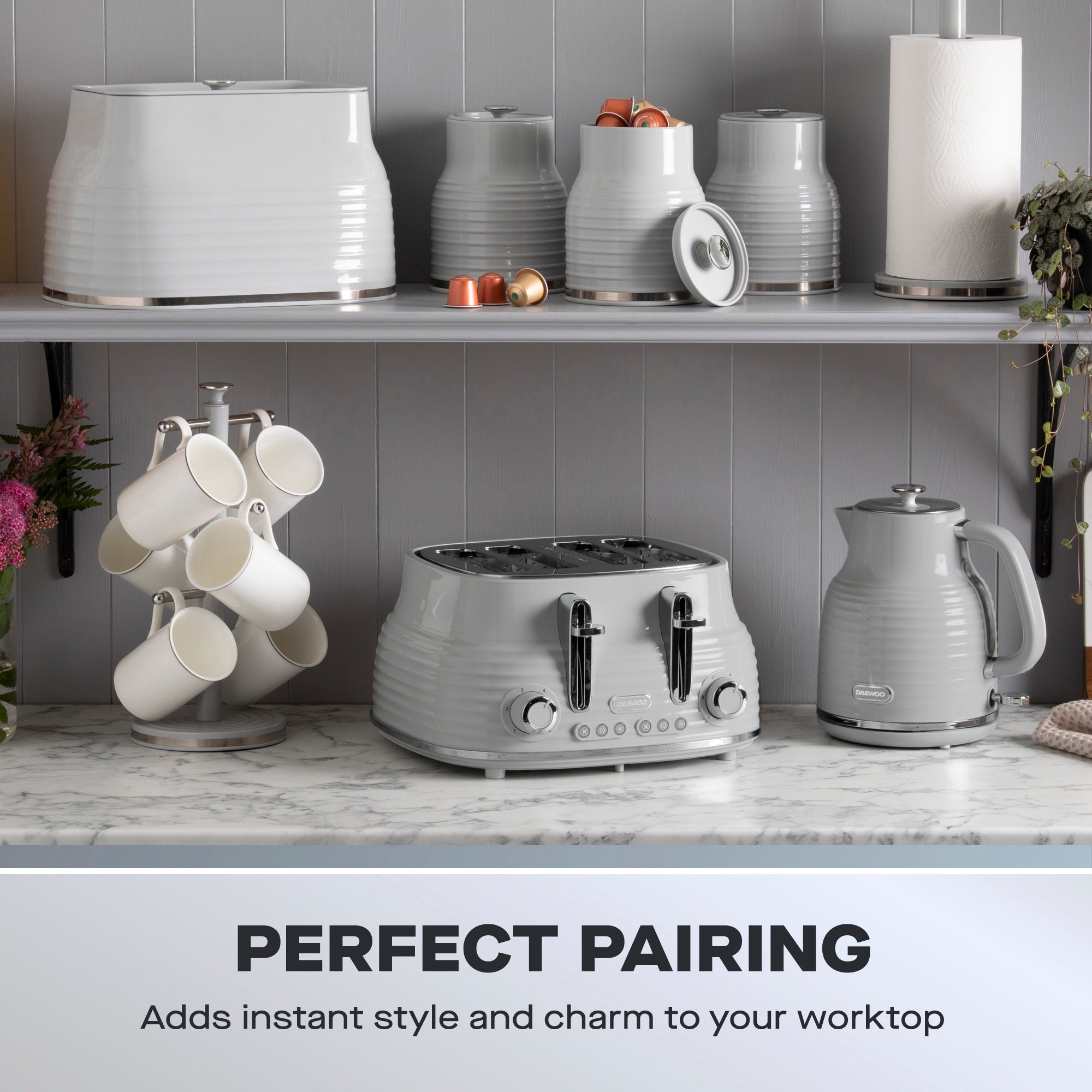 Daewoo Grey Sienna Jug Kettle & 4 Slice Toaster Set