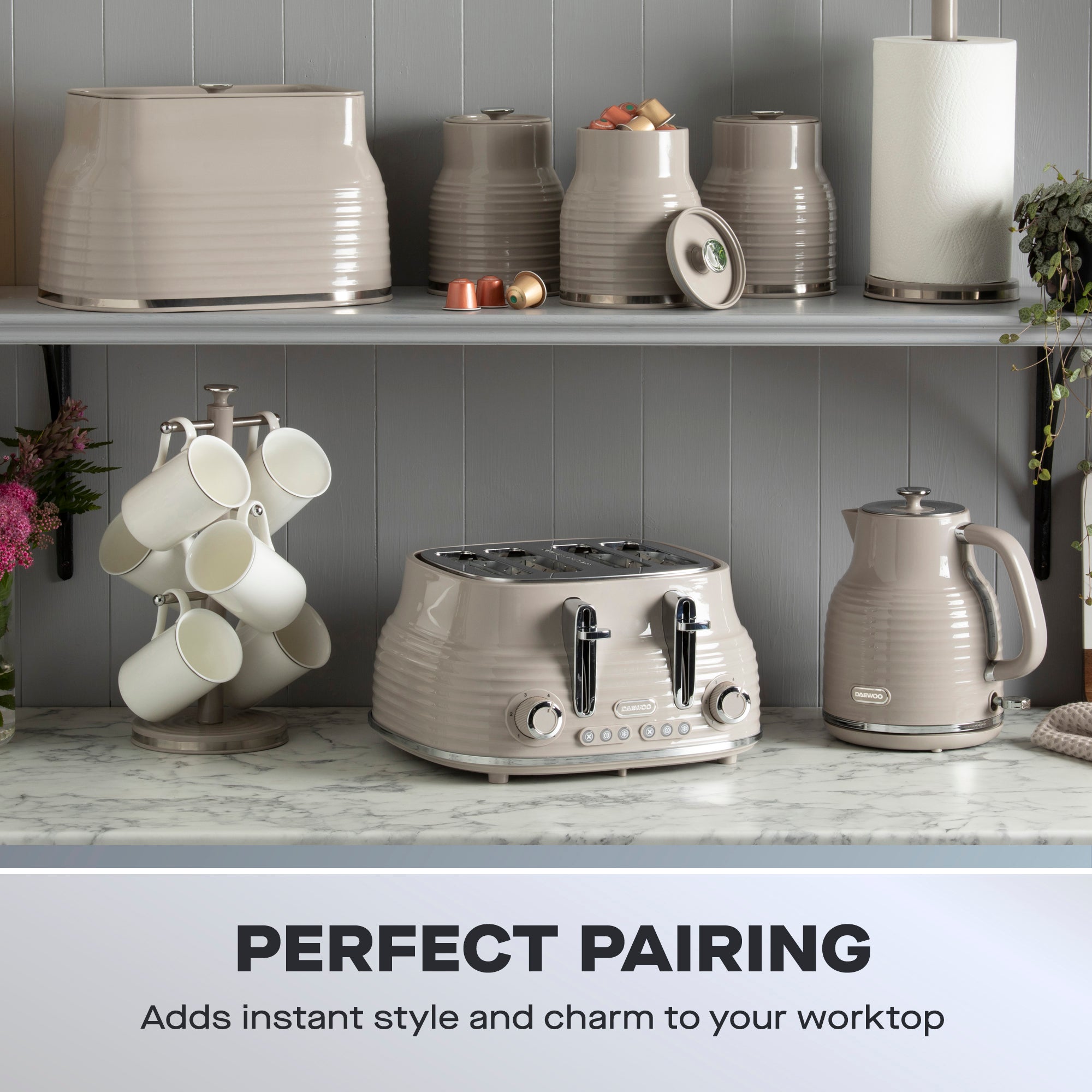 Daewoo Taupe Sienna Jug Kettle & 4 Slice Toaster Set