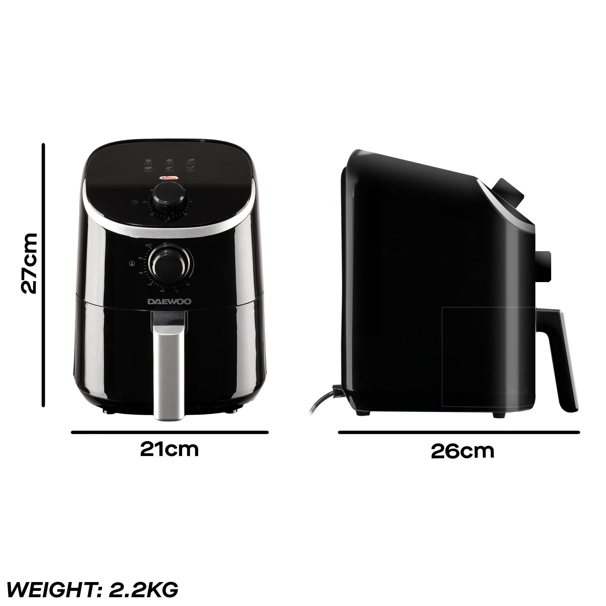 Daewoo 2L Compact Single Drawer Manual Air Fryer