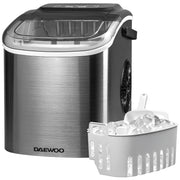 Daewoo ice maker with a basket of ice on a white background