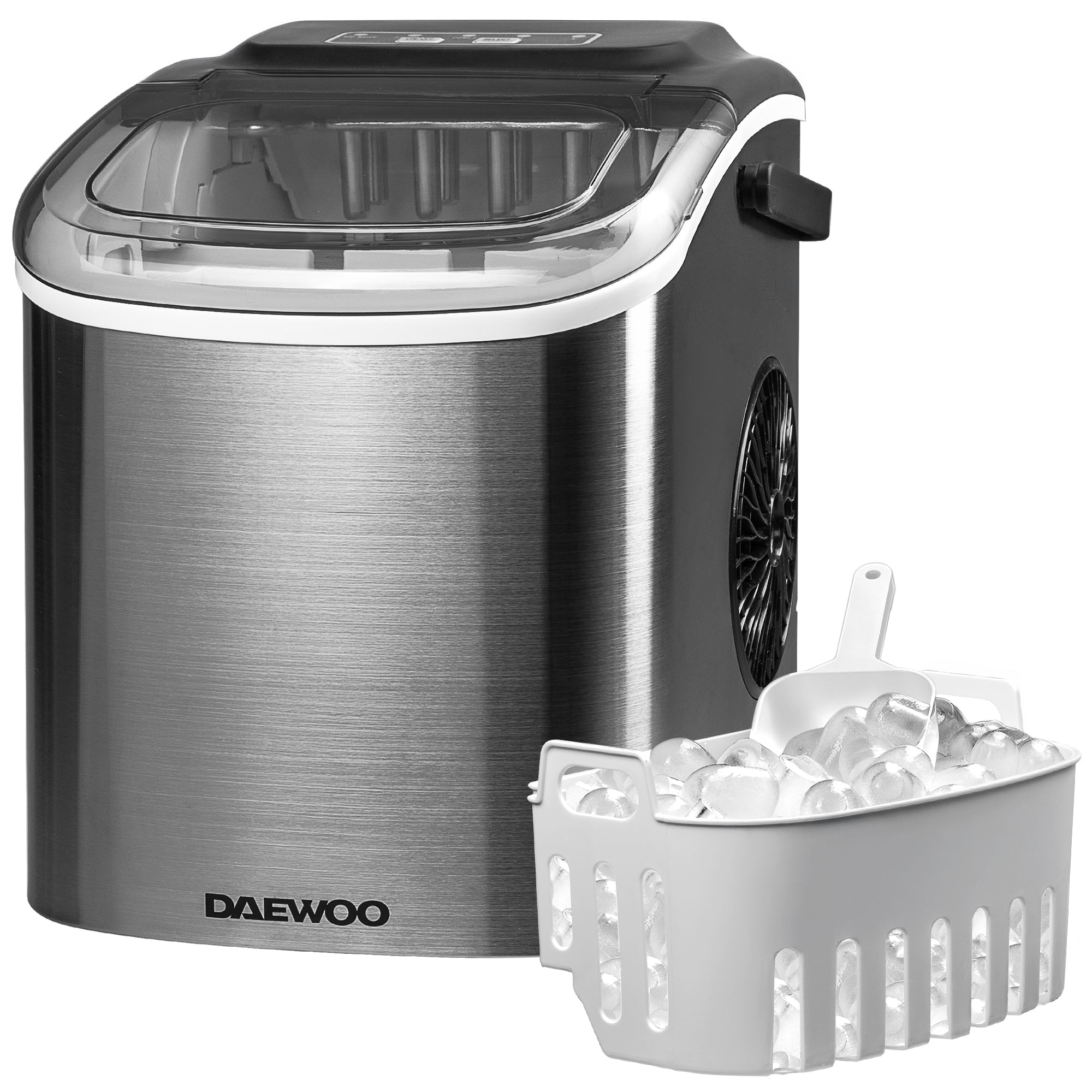 Daewoo ice maker with a basket of ice on a white background