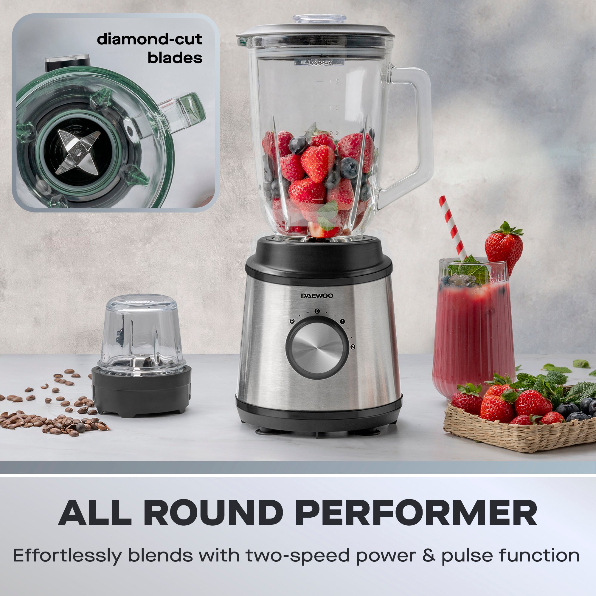 Daewoo 800W 1.5L Glass Jug Blender & Grinder, Stainless Steel