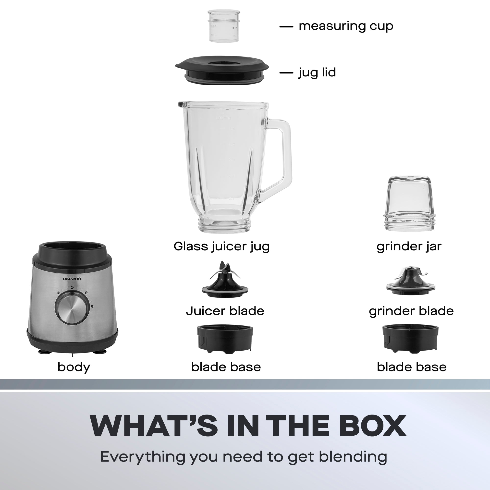 Daewoo 800W 1.5L Glass Jug Blender & Grinder, Stainless Steel