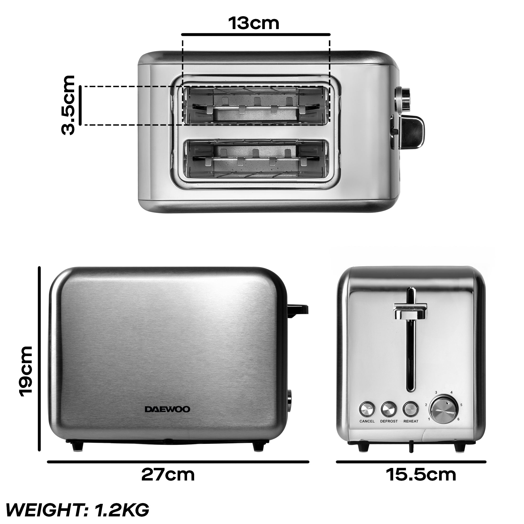 Daewoo Stainless Steel 2 Slice Toaster
