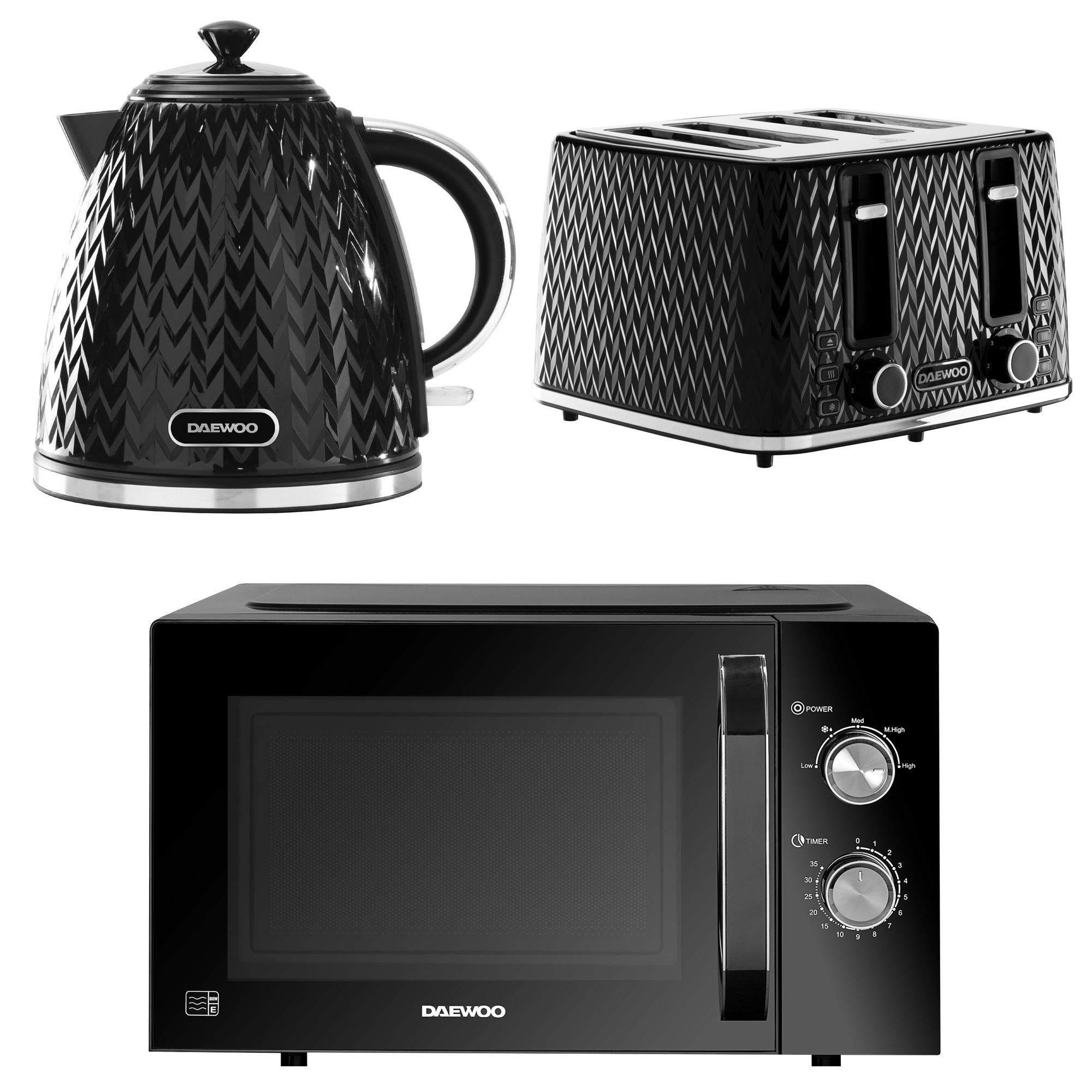 Daewoo Black Argyle Kettle, 4-Slice Toaster & Microwave Bundle