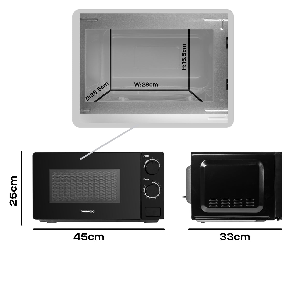 Daewoo 20L Black 700W Manual Microwave