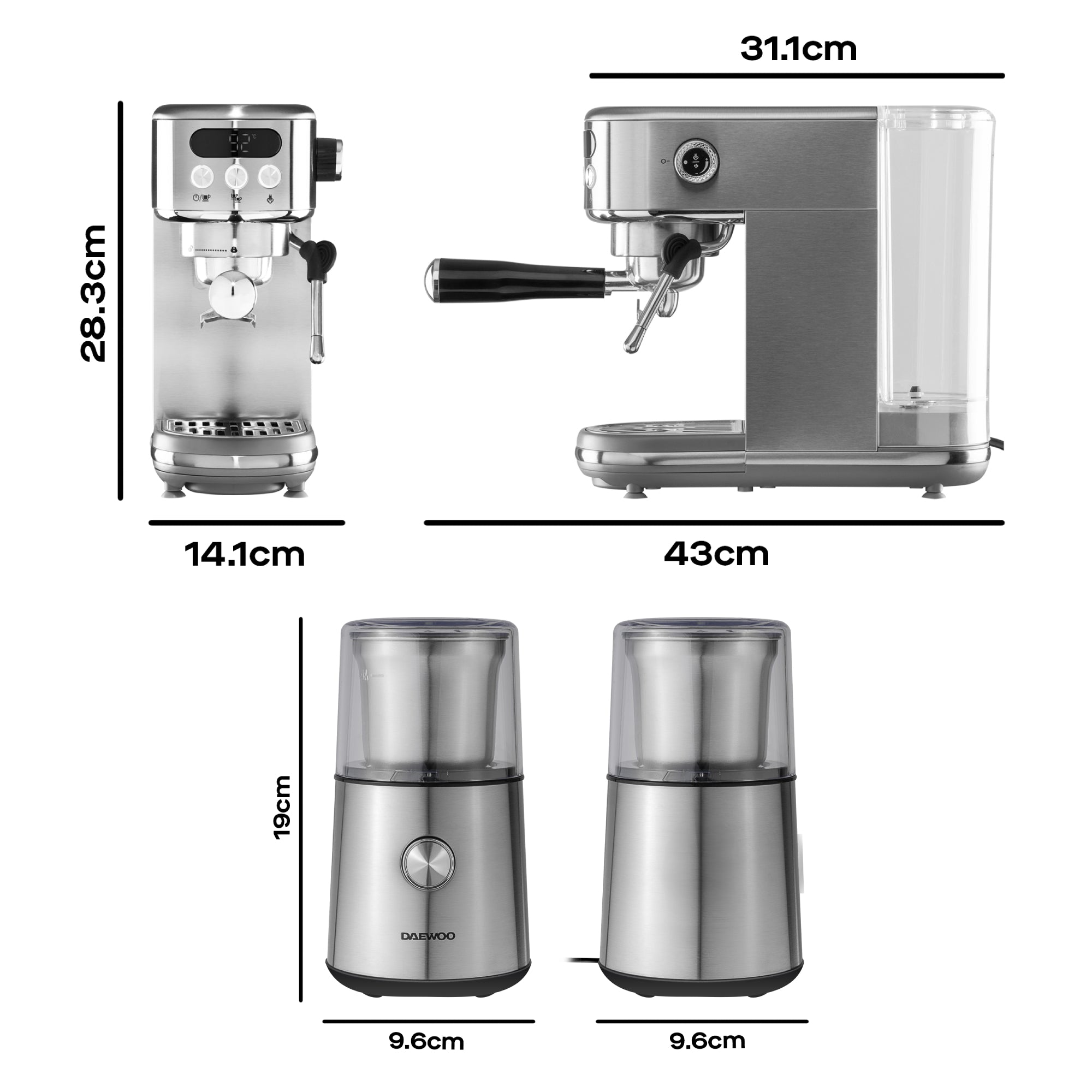 Daewoo 20 Bar Digital Compact Espresso Coffee Maker & Coffee Grinder