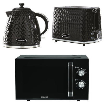 Daewoo Black Argyle Kettle, 2-Slice Toaster & Microwave Bundle