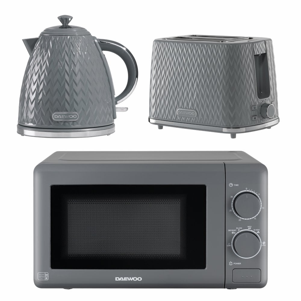 Daewoo Grey Argyle Kettle, 2 Slice Toaster & Microwave Set