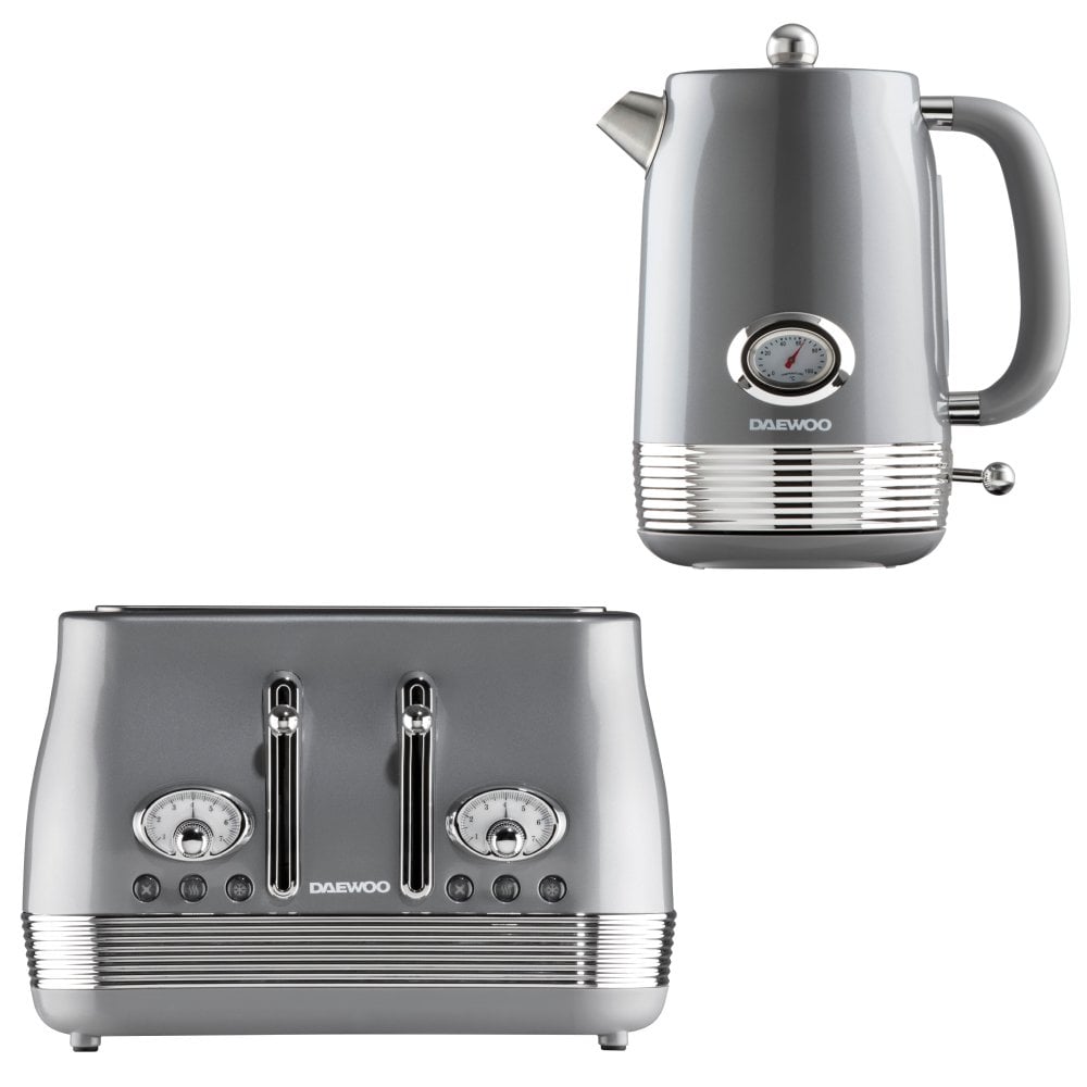 Daewoo Smoked Grey Denver Jug Kettle & 4 Slice Toaster Set
