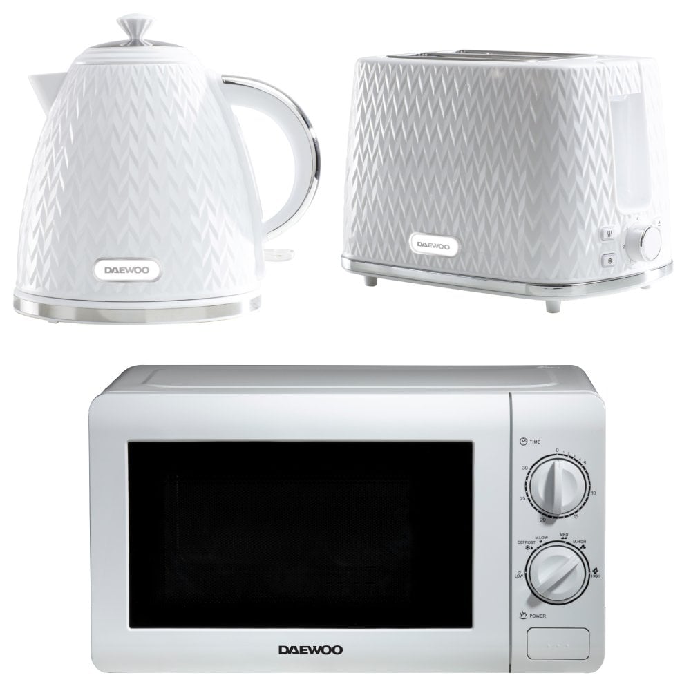 Daewoo White Argyle Kettle, 2 Slice Toaster & Microwave Set