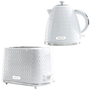 Daewoo White Argyle Kettle & 2 Slice Toaster Set