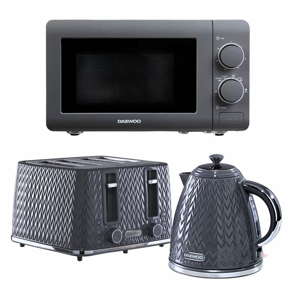 Daewoo Grey Argyle Kettle, 4 Slice Toaster & Microwave Set