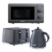 Daewoo Grey Argyle Kettle, 4 Slice Toaster & Microwave Set
