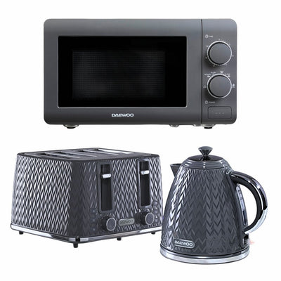 Daewoo Grey Argyle Kettle, 4 Slice Toaster & Microwave Set